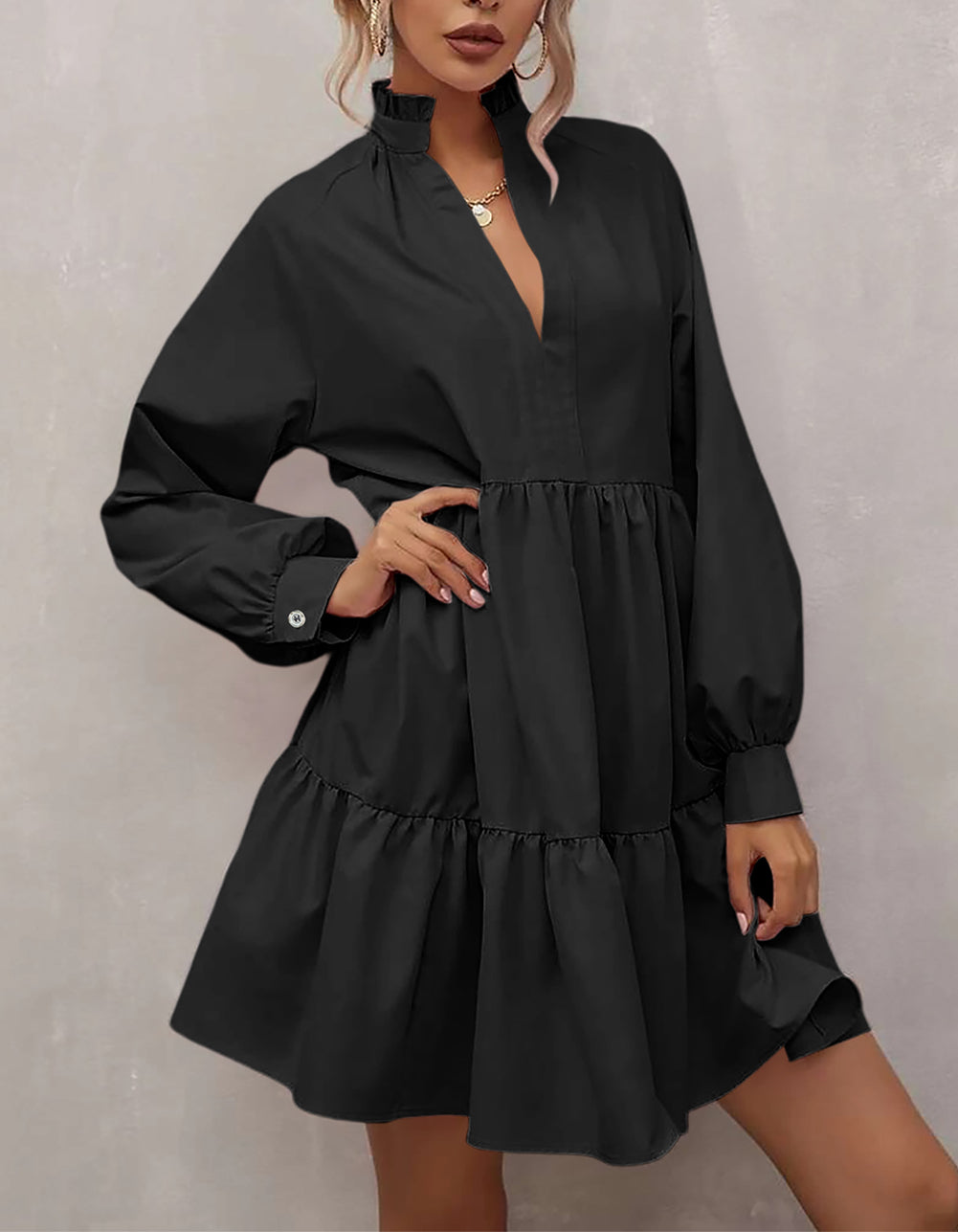 Frilled Stand Collar Long Sleeve Ruffle Dress