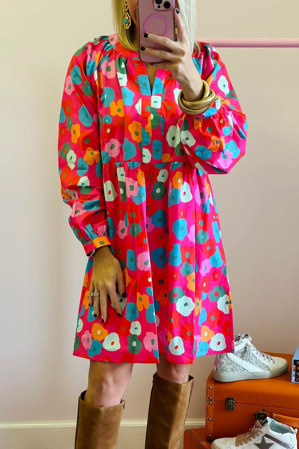 Multicolor Floral Split Neck Flowy Dress