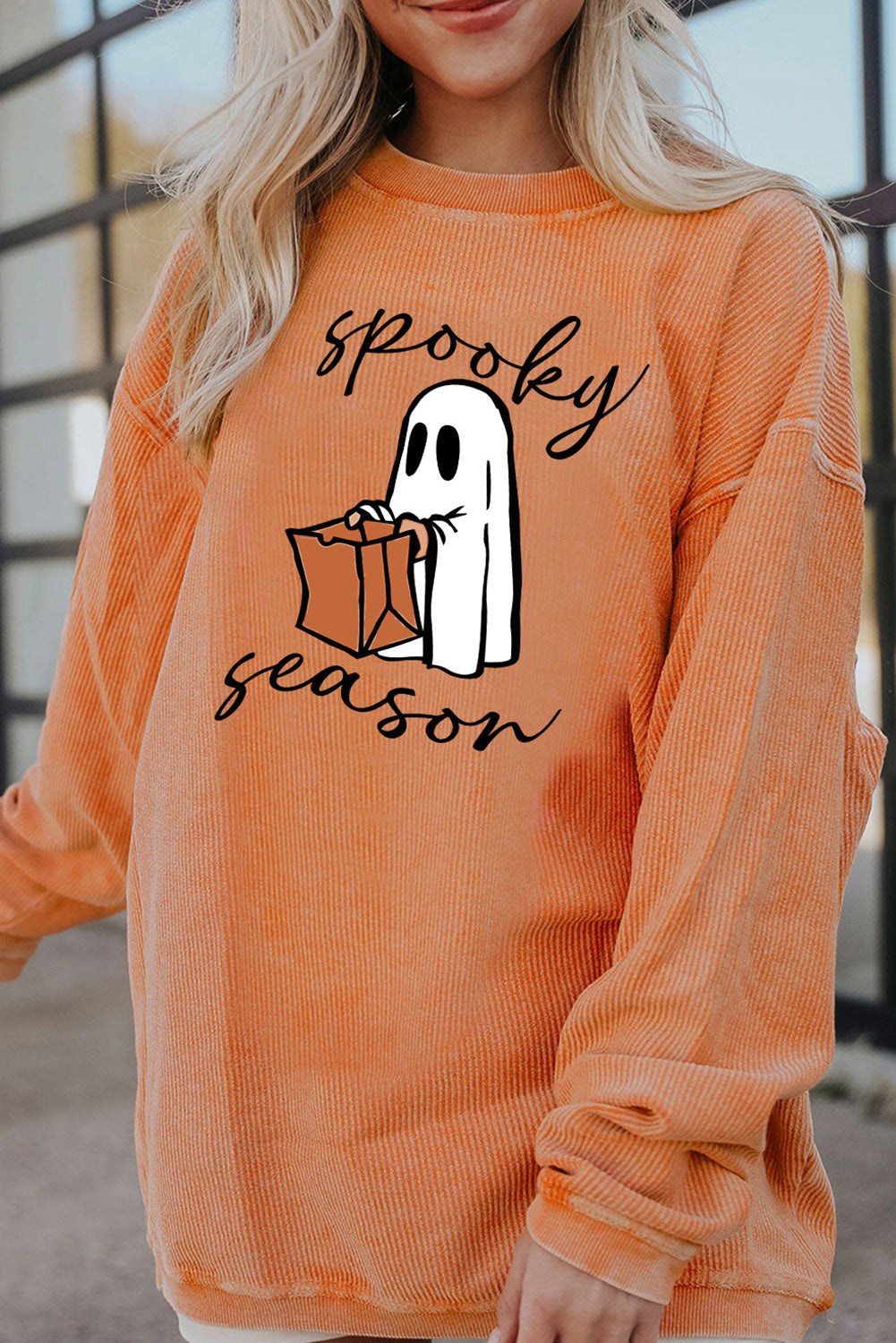 Spooky Season Ghost Print Ribbed Pullover Sweatshirt