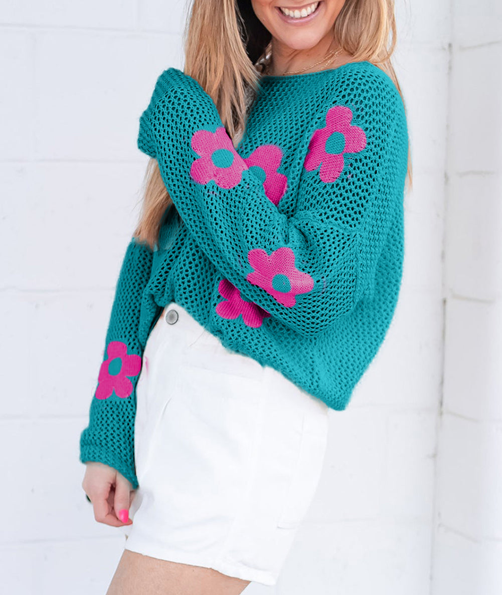 Big Flower Hollowed Knit Drop Shoulder Sweater