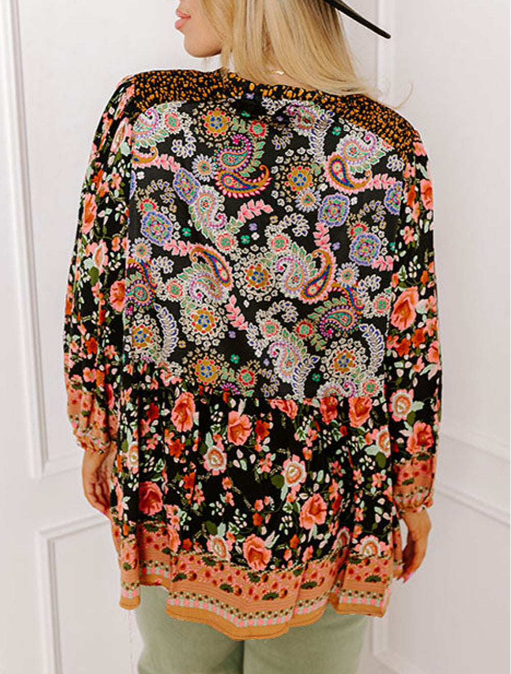 Plus Size Paisley Floral Print V Neck Bubble Sleeve Blouse