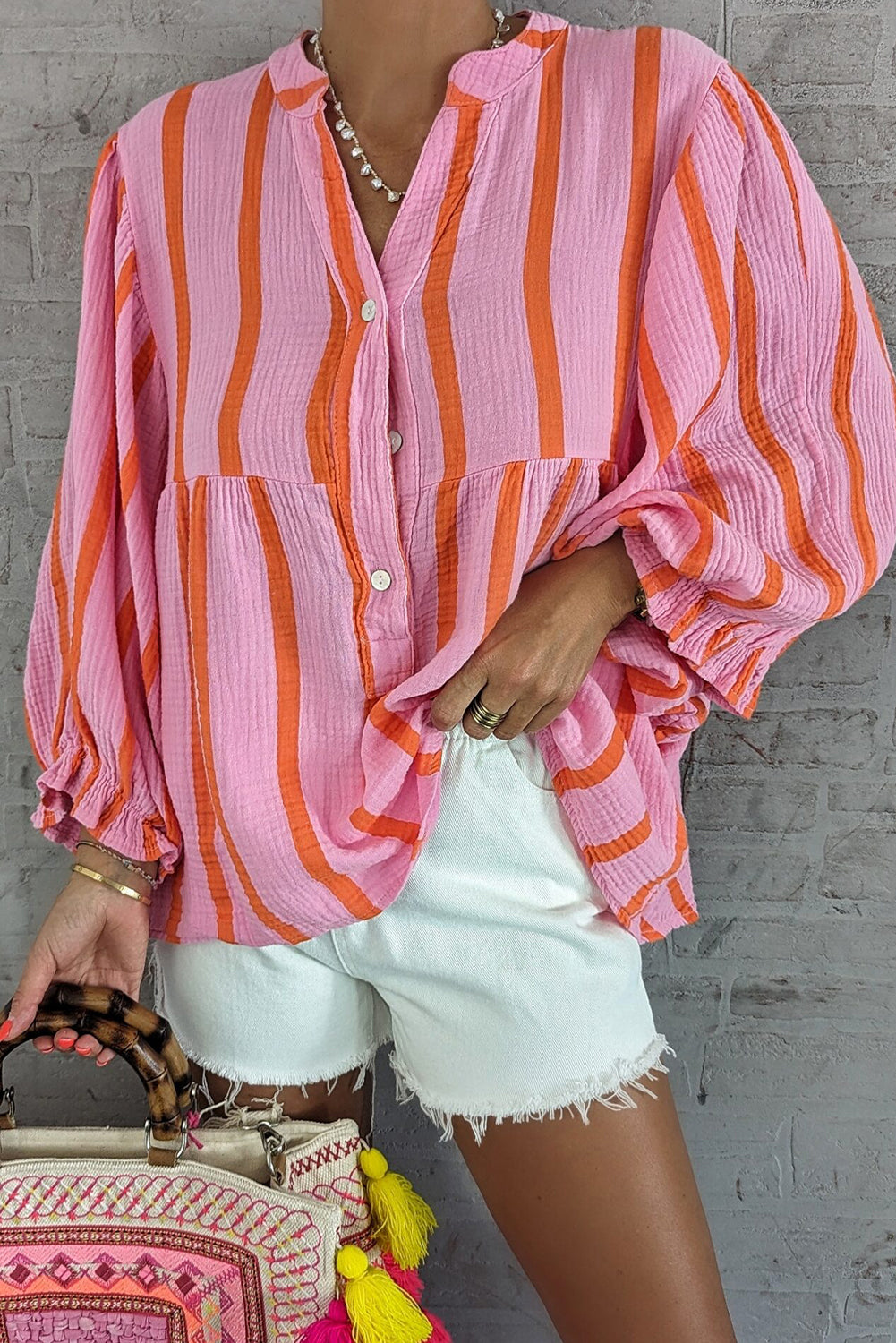 Stripe Crinckled Ruffled Sleeve Button up Loose Shirt