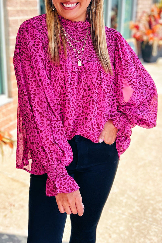 Leopard Shirred Puff Sleeve Flowy Blouse