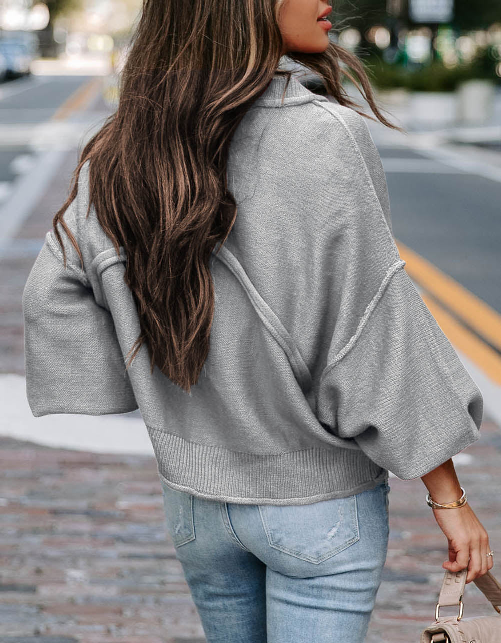 Raw Edge Patch Pocket Exposed Seam Loose Sweater