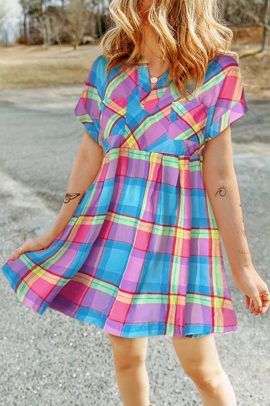 Multicolor Plaid Short Sleeve Babydoll Mini Dress