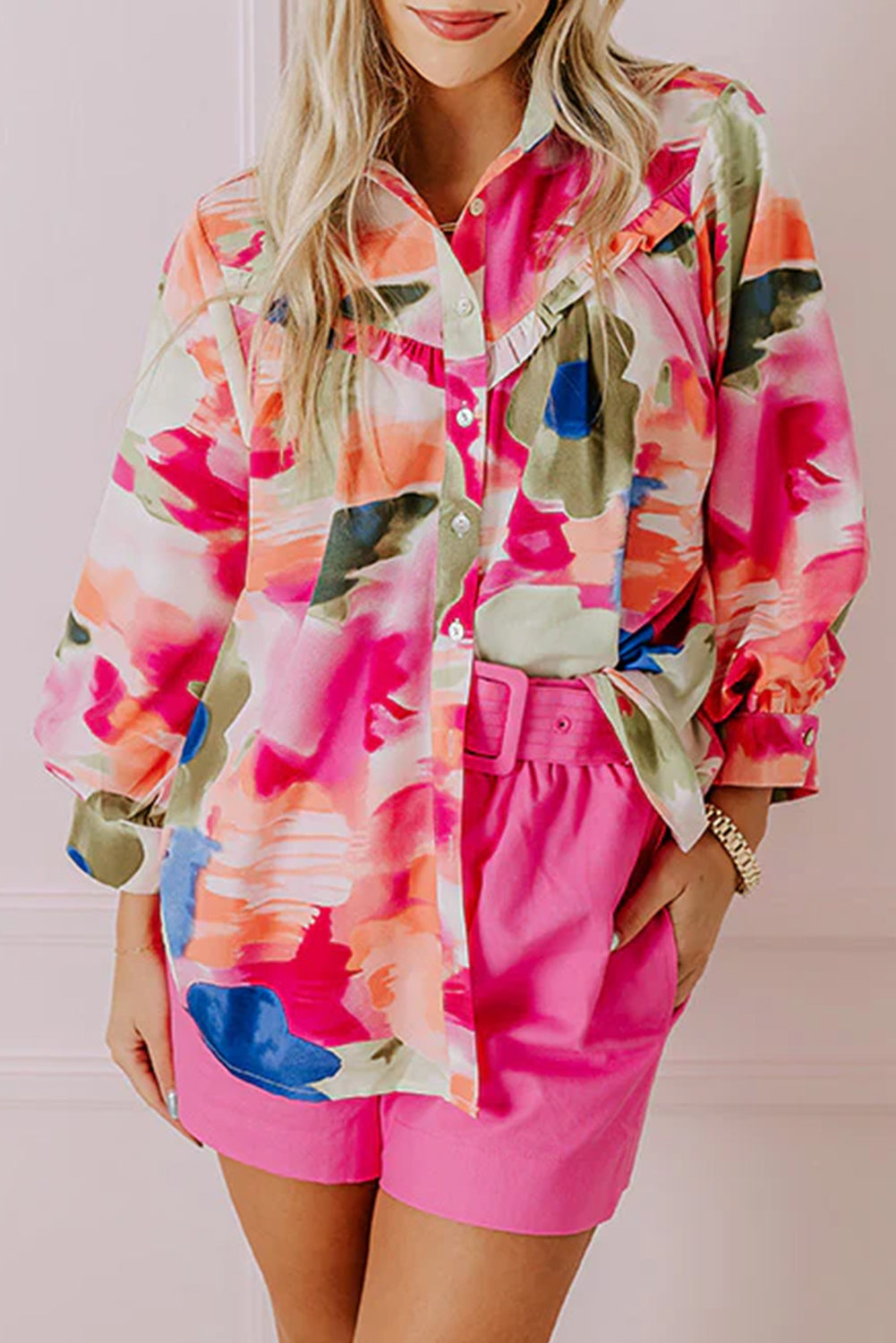 Abstract Print Ruffled Puff Sleeve Shirt