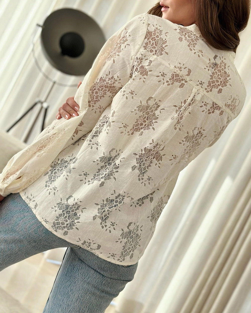 White Floral Lace Stand Neck Textured Shirt