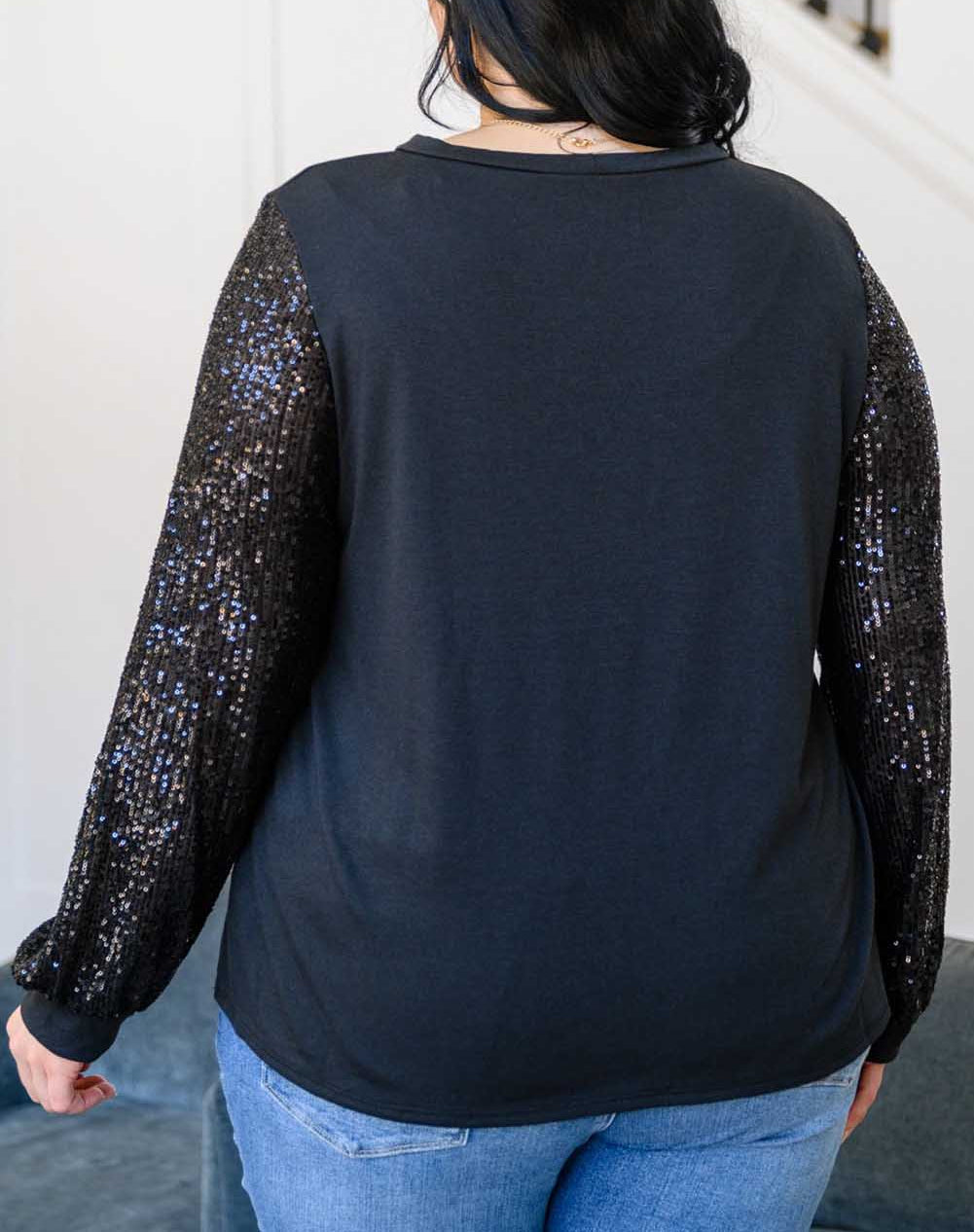 Sequin Contrast Long Sleeve Plus Size Top
