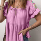 Crinkle Embroidered Patched Bubble Sleeve Tied Neck Blouse