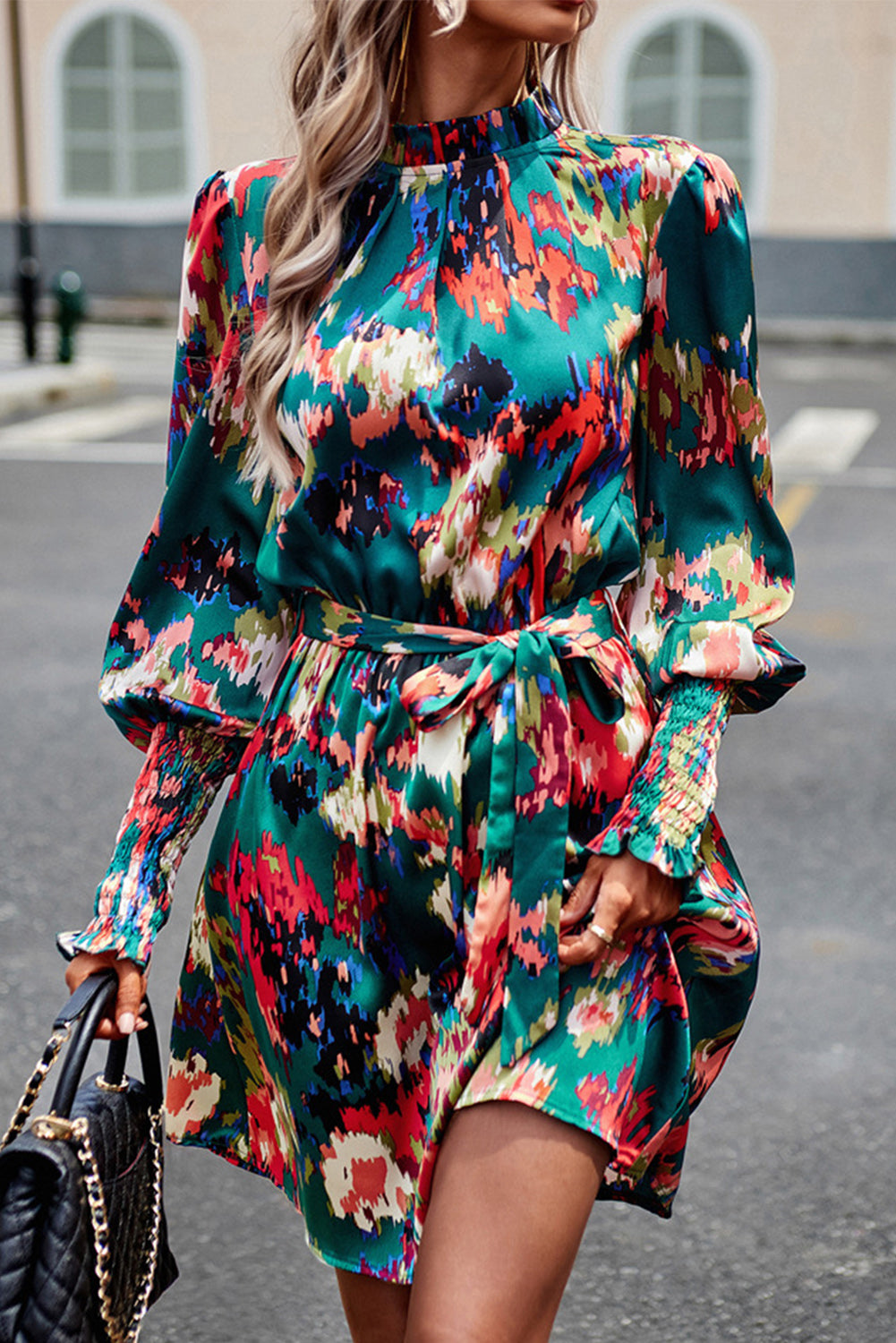 Abstract Print Frilled Neck Gigot Sleeve Dress with Waist Tie