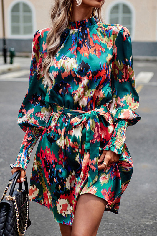 Abstract Print Frilled Neck Gigot Sleeve Dress with Waist Tie