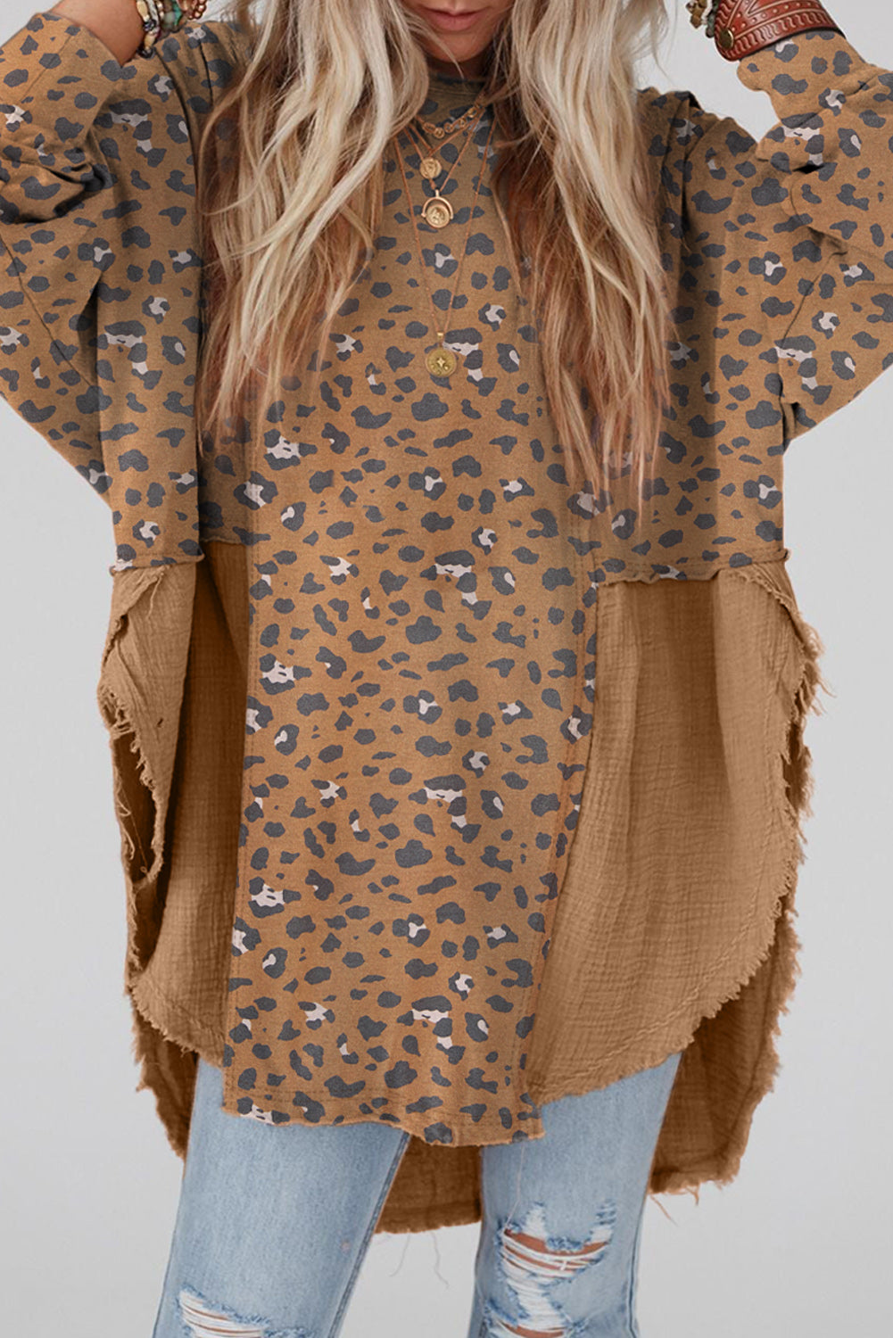 Raw Edge Leopard Patchwork Oversized Blouse