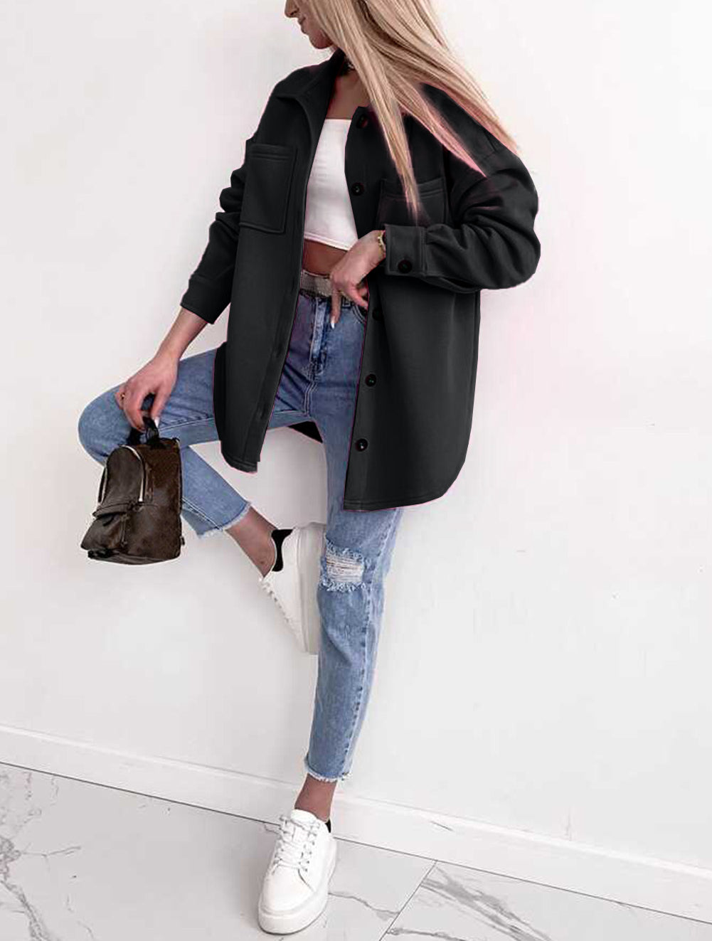 Solid Color Pocketed Button up Long Sleeve Shacket