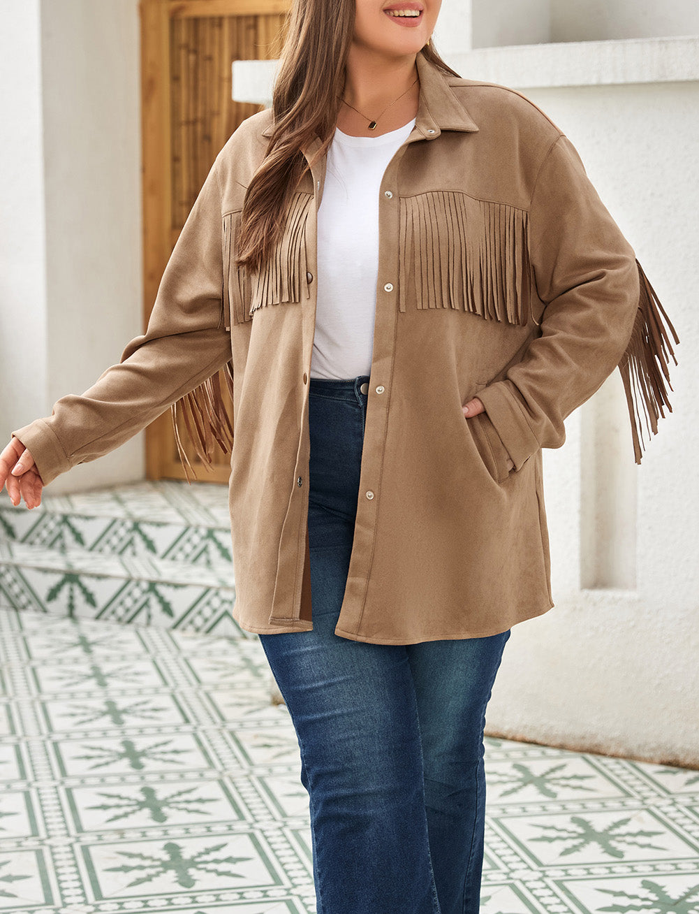 Fringe Trim Plus Size Suede Shacket