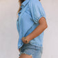 Blue Short Bubble Sleeve Snap Button Denim Shirt