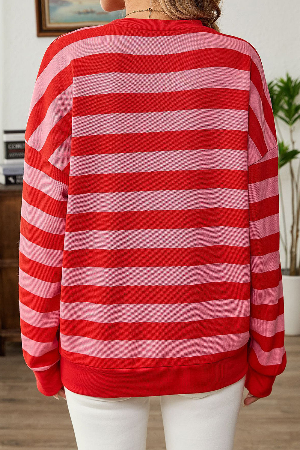 Stripe Long Sleeve Round Neck Drop Shoulder Top