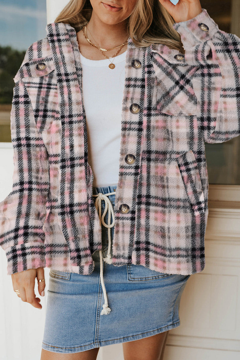 Sherpa Plaid Button Pocketed Jacket