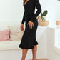 Ribbed V-Neck Belted Frilled Elegant Sweater Dress