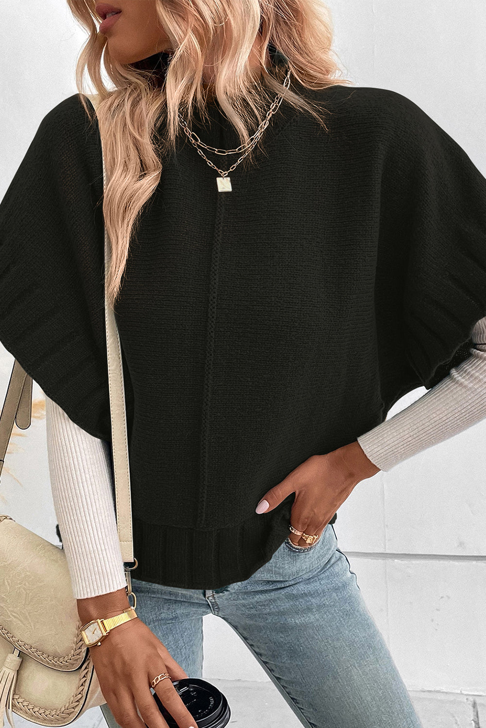 Mock Neck Batwing Short Sleeve Knit Sweater