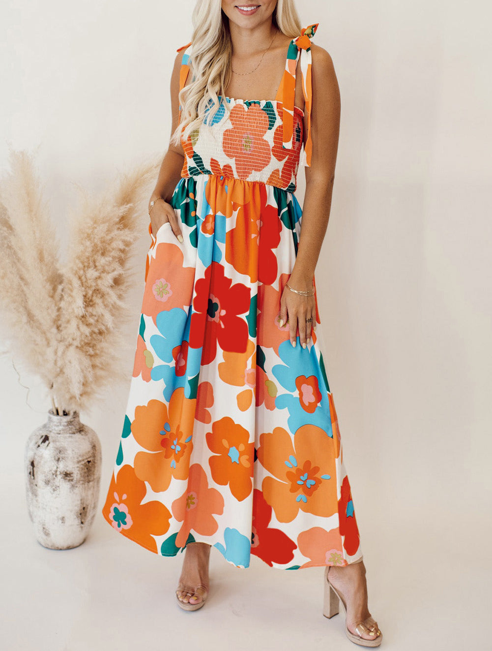 Floral Self Tied Straps Smocked Bust Maxi Dress
