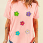 Glittering Chenille Flower Patched Pattern Crewneck T Shirt