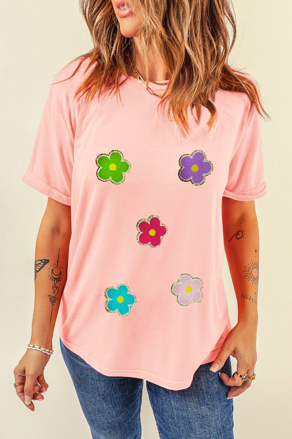 Glittering Chenille Flower Patched Pattern Crewneck T Shirt