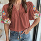 Floral Embroidered Puff Sleeve Split Neck Blouse