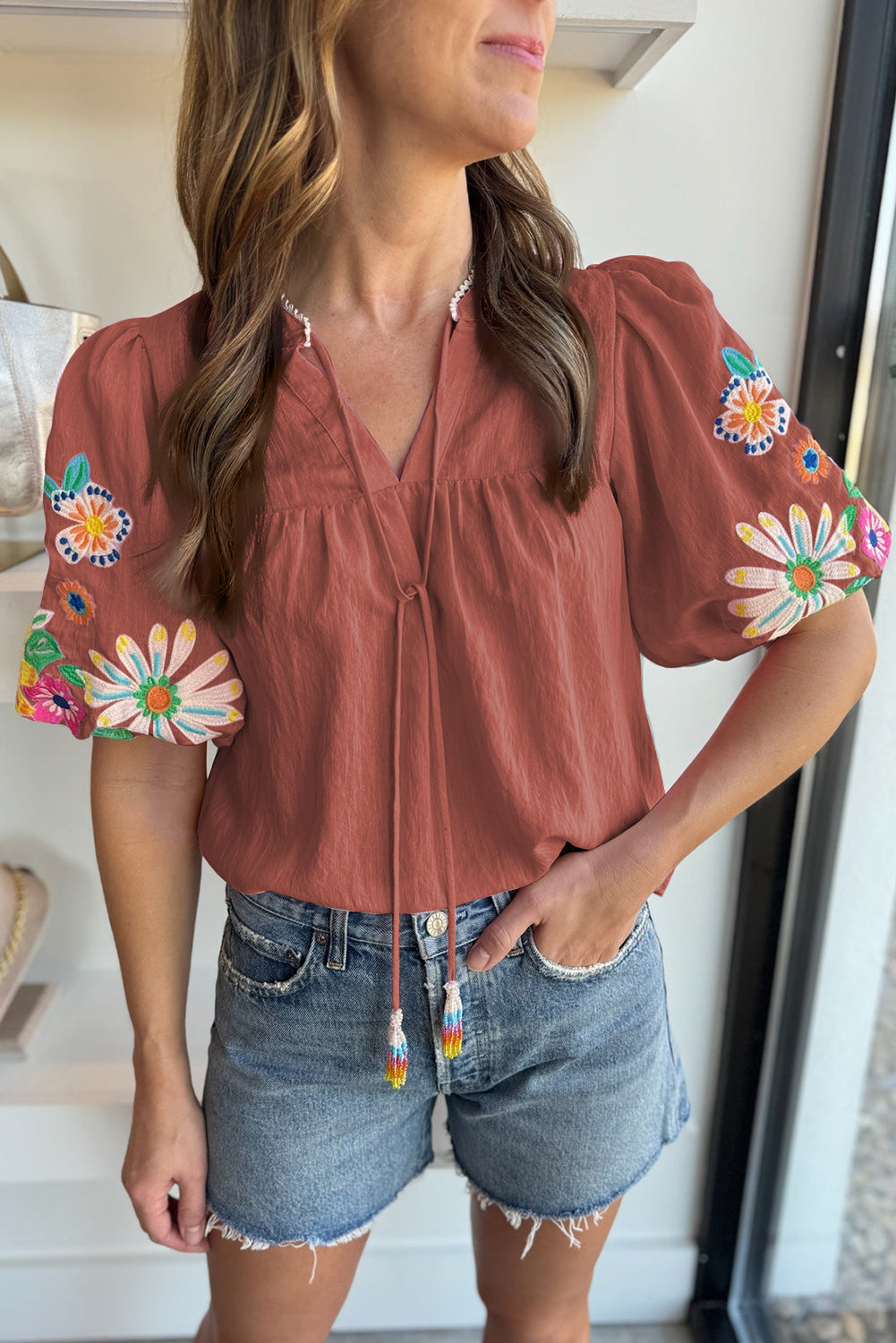 Floral Embroidered Puff Sleeve Split Neck Blouse