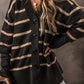 Stripe Buttoned V Neck Drop Shoulder Loose Cardigan