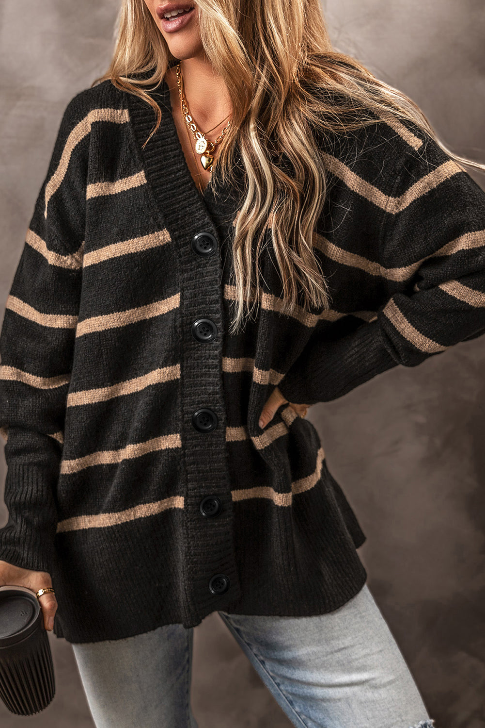 Stripe Buttoned V Neck Drop Shoulder Loose Cardigan