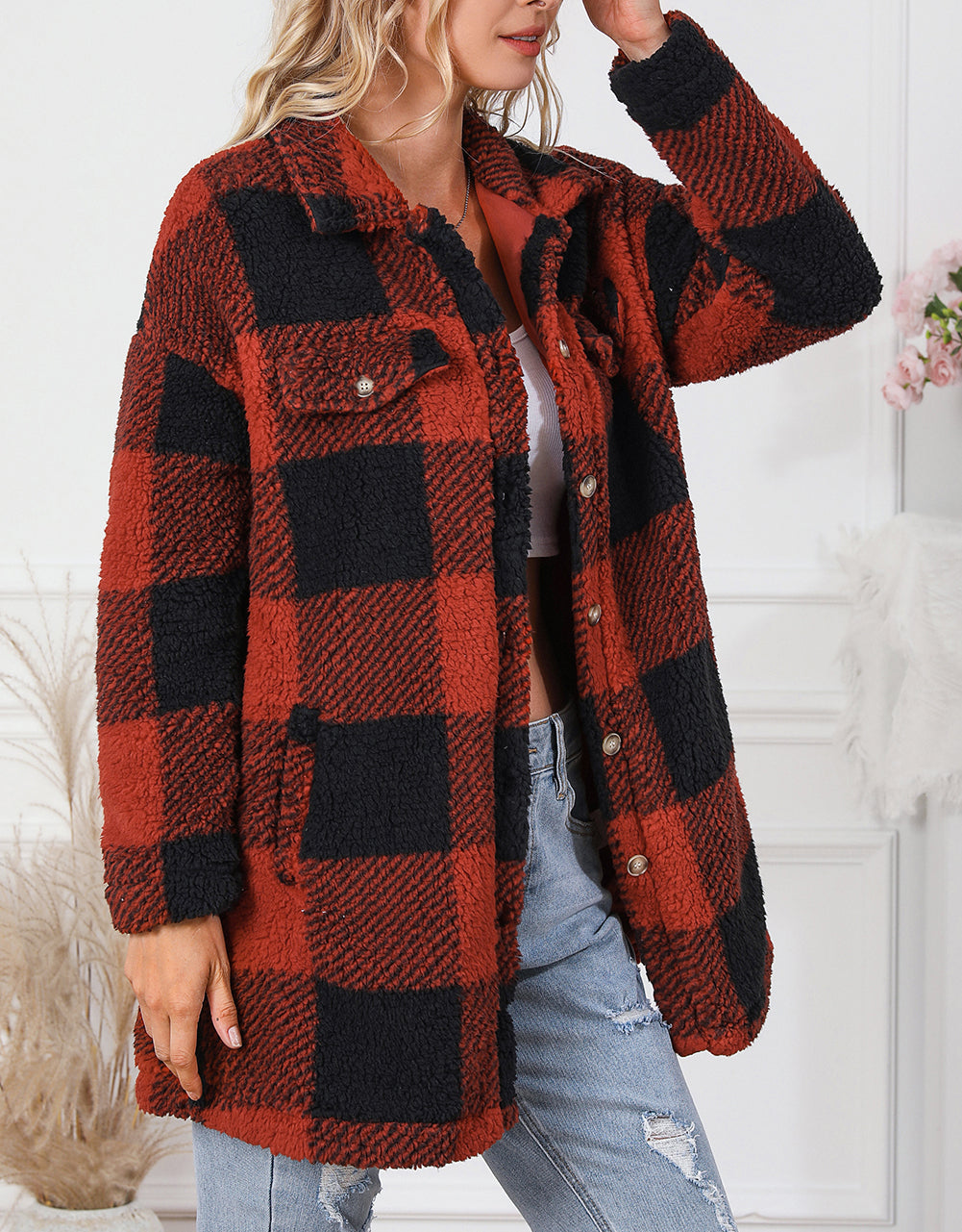 Fuzzy Plaid Flap Button Up Midi Coat