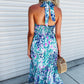 Print Shirred Lace-up Halter Open Back Maxi Dress