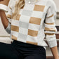 Checkered Ribbed Edge O Neck Drop Shoulder Sweater