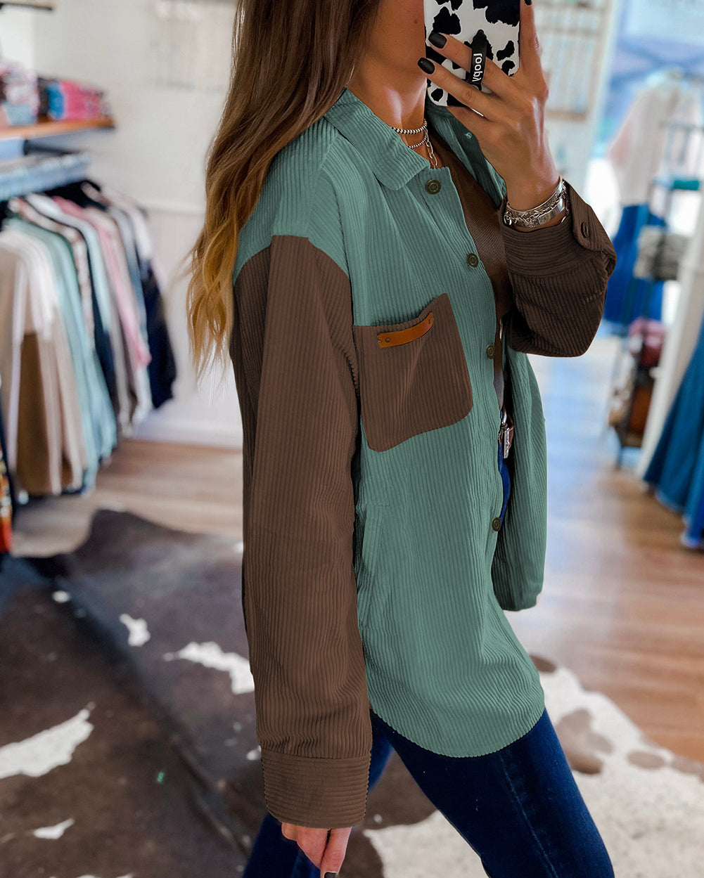 Corduroy Buttoned Front Pocketed Shacket