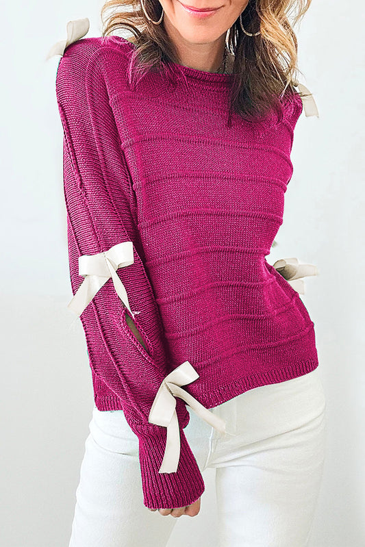 Bow Knot Cut Out Round Neck Loose Sweater