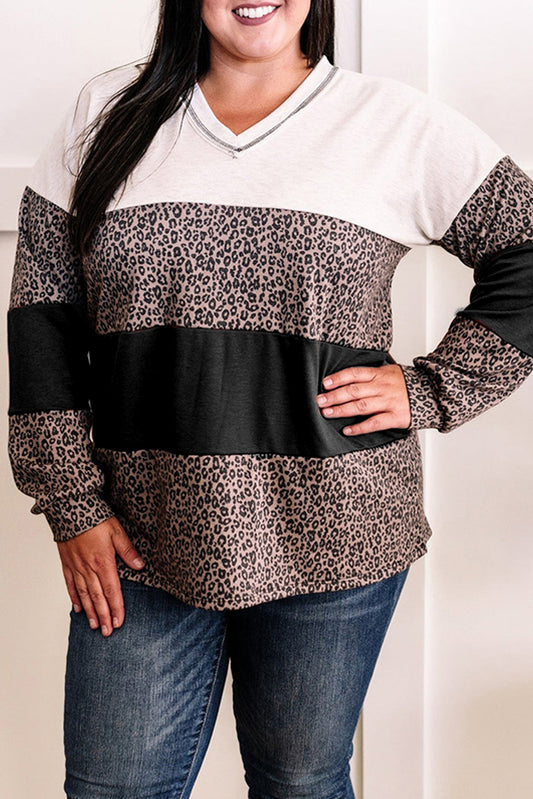 Leopard Print Colorblock V Neck Long Sleeve Plus Size Top