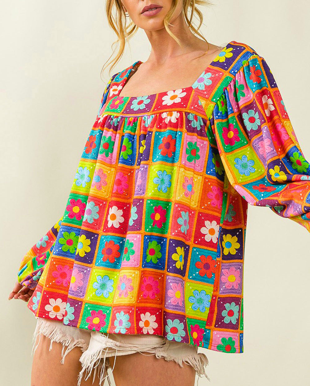 Floral Crochet Square Neck Puff Sleeve Blouse