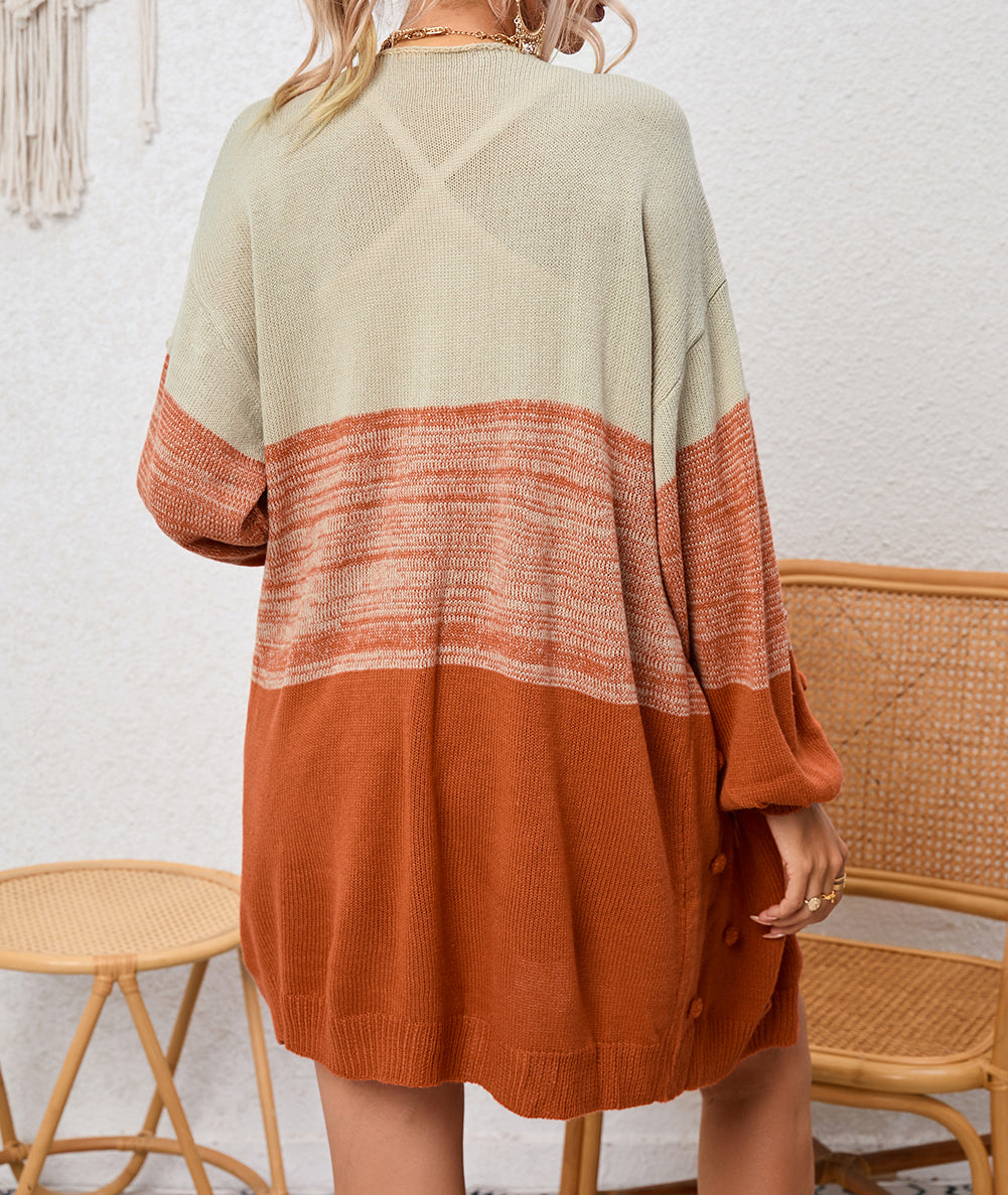 Pompom Color Block Open Front Cardigan