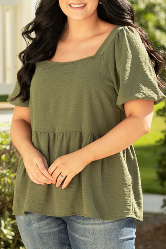 Solid Short Sleeve Square Neck Plus Babydoll Top