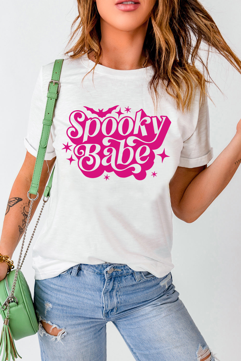 Spooky Babe Bat Print Halloween Crewneck T Shirt