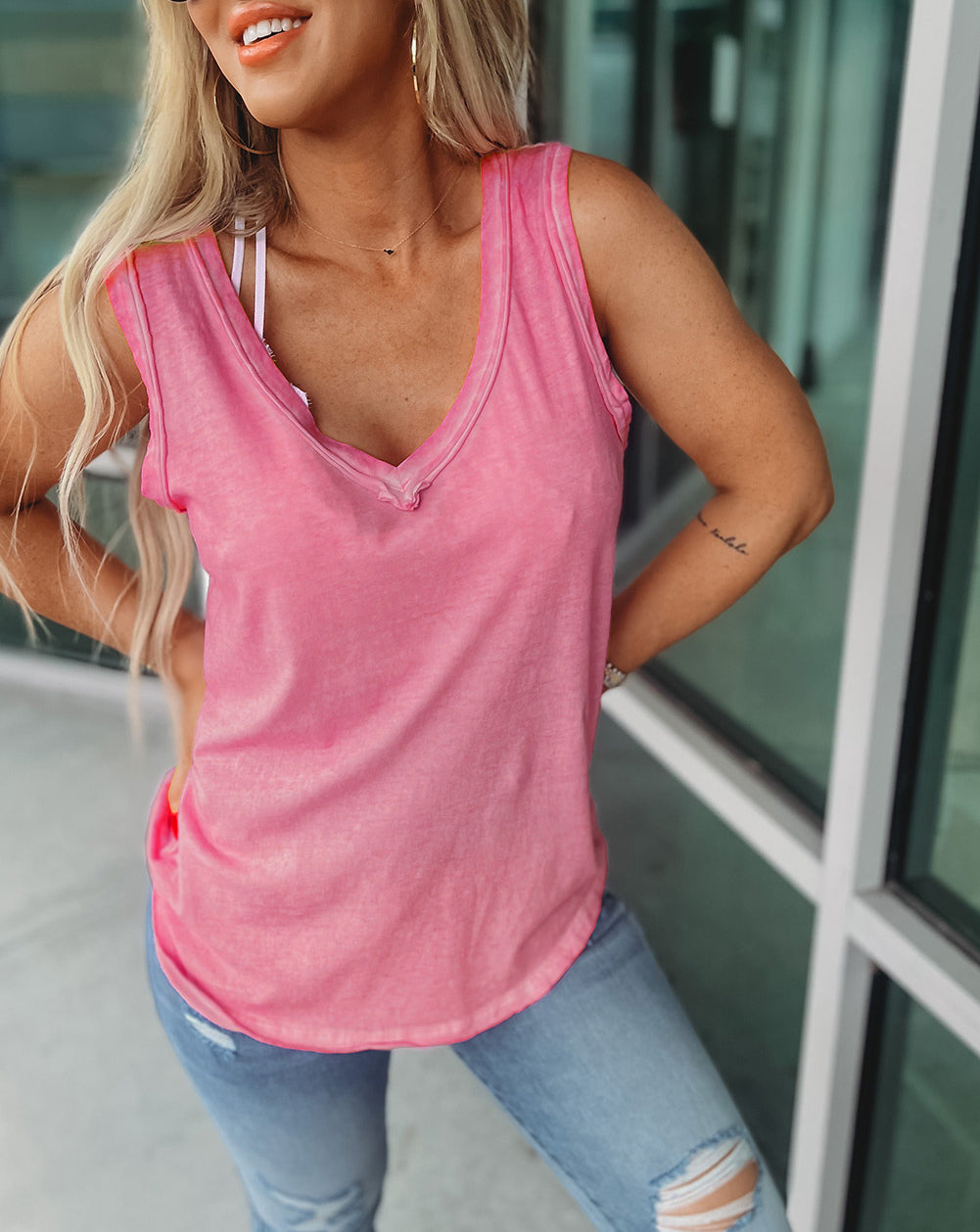 Pink Plain Seamed V Neck Tank Top