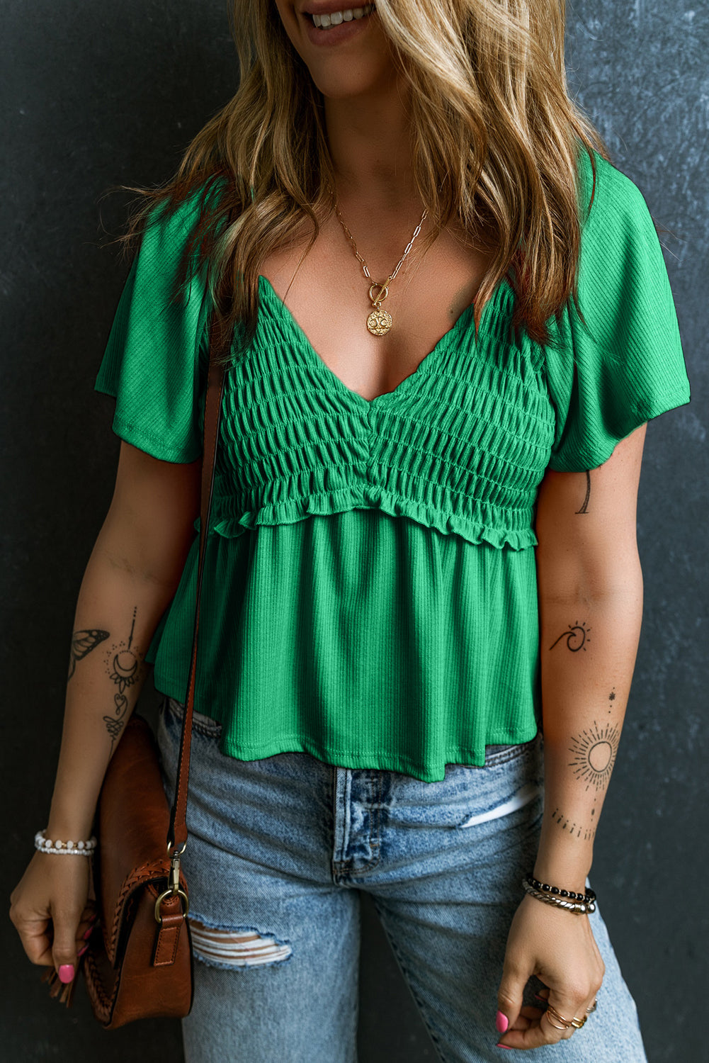 Shirred V Neck Short Flutter Sleeve Textured Blouse