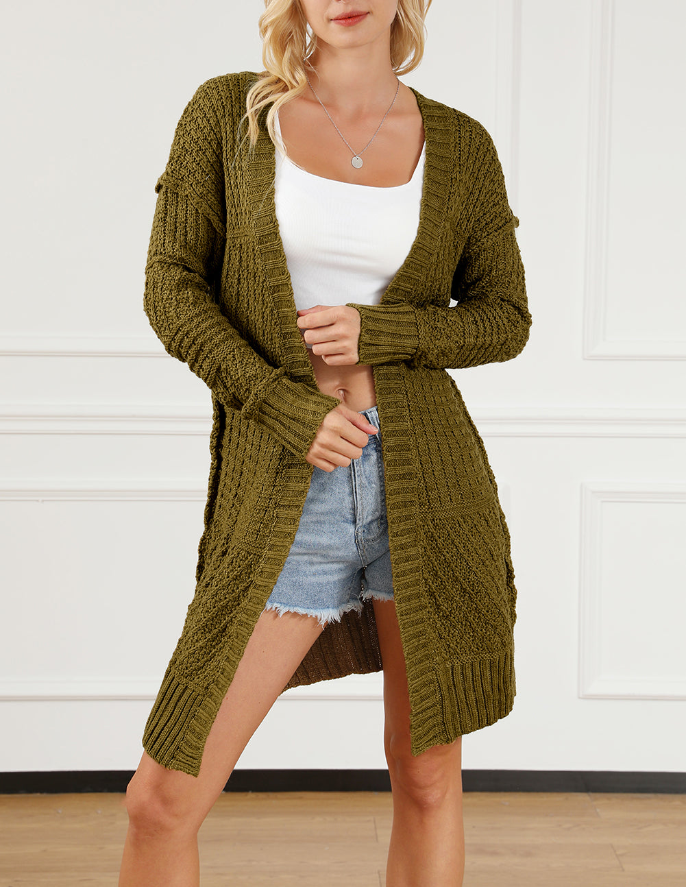 Exposed Seam Mixed Knit Drop Shoulder Cardigan