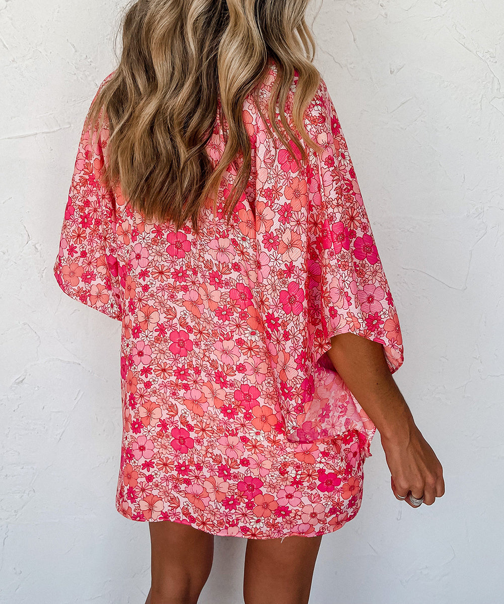 Boho Floral V Neck Kimono Style Blouse