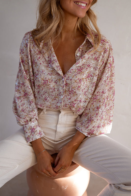 Floral Print Bishop Sleeve Collared V Neck Shirt