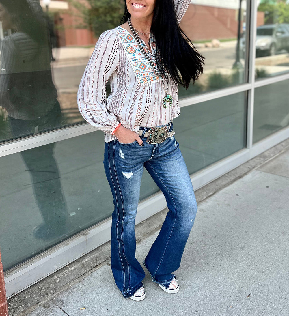 Stripe Notched Neckline Striped Aztec Embroidered Blouse