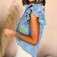 Sequin Flower Graphic Ruffled Sleeve Frayed Denim Top