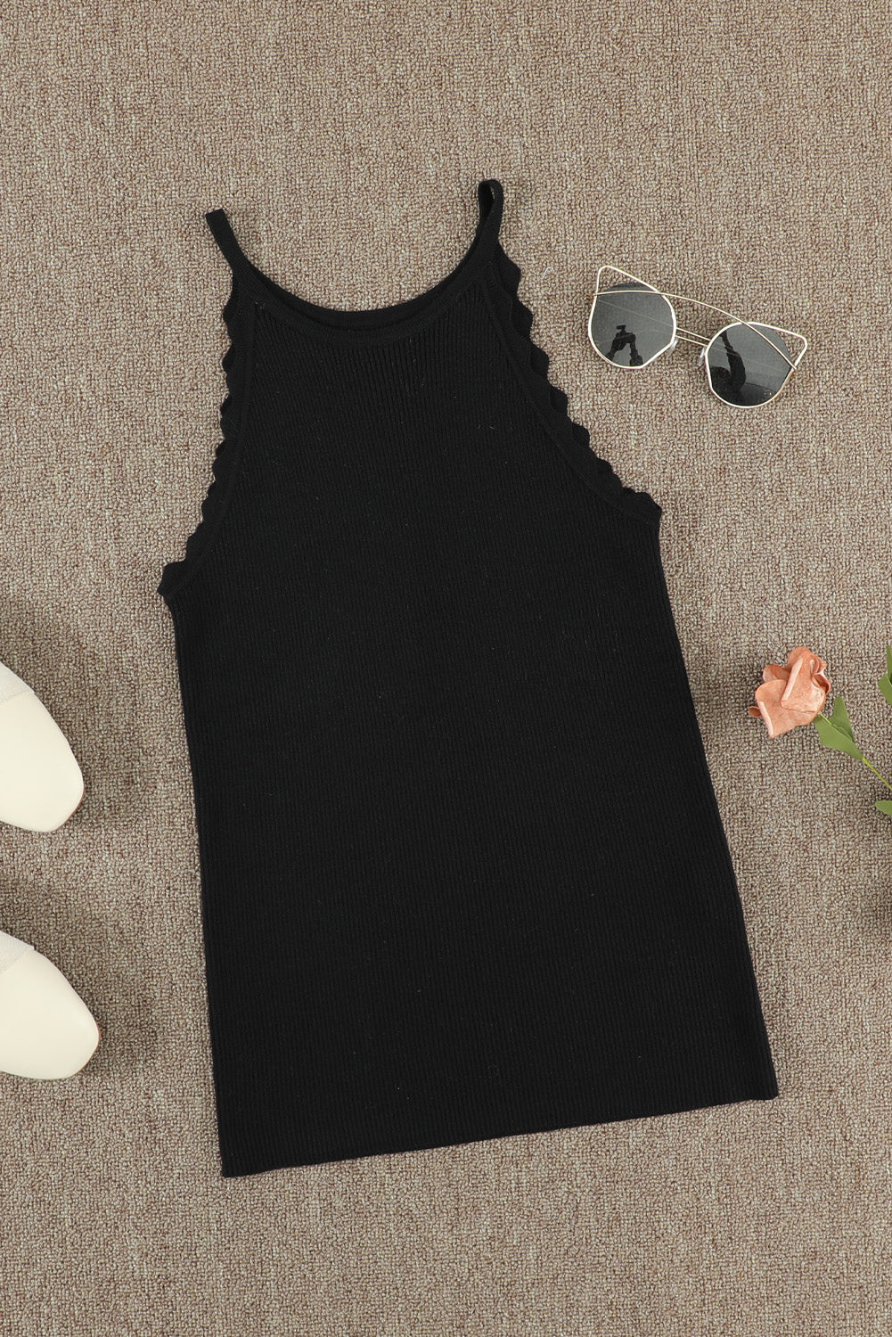 Scalloped Edge Rib Knit Sleeveless Tank Top