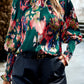 Abstract Print Smocked Cuffs Frilled Neck Blouse