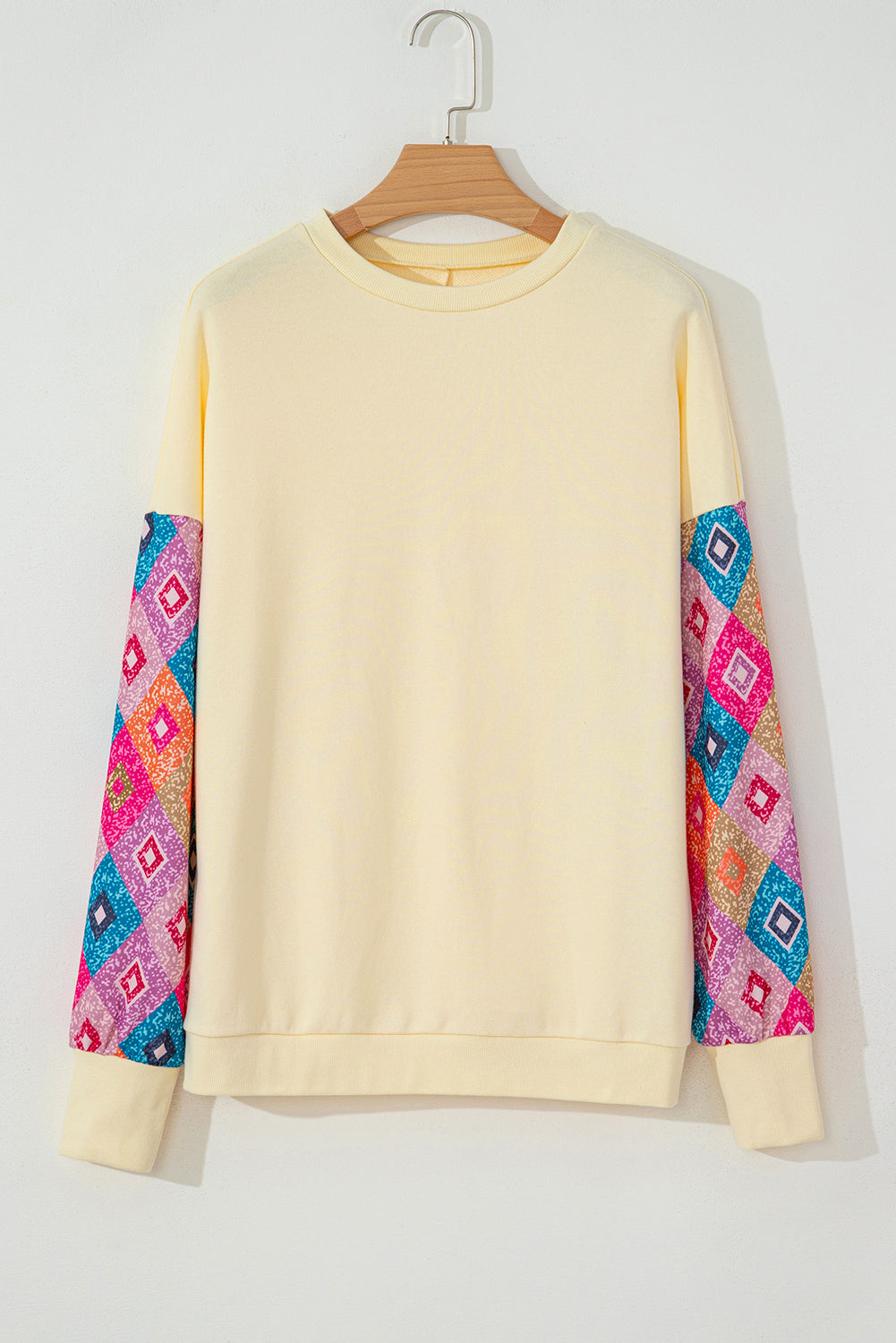 Geometric Printed Patchwork Long Sleeve Round Neck Top